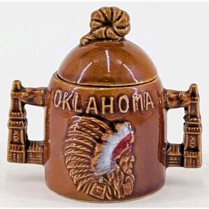 Vtg Ceramic Oklahoma Souvenir Sugar Bowl Native American Indian Chief Headdress